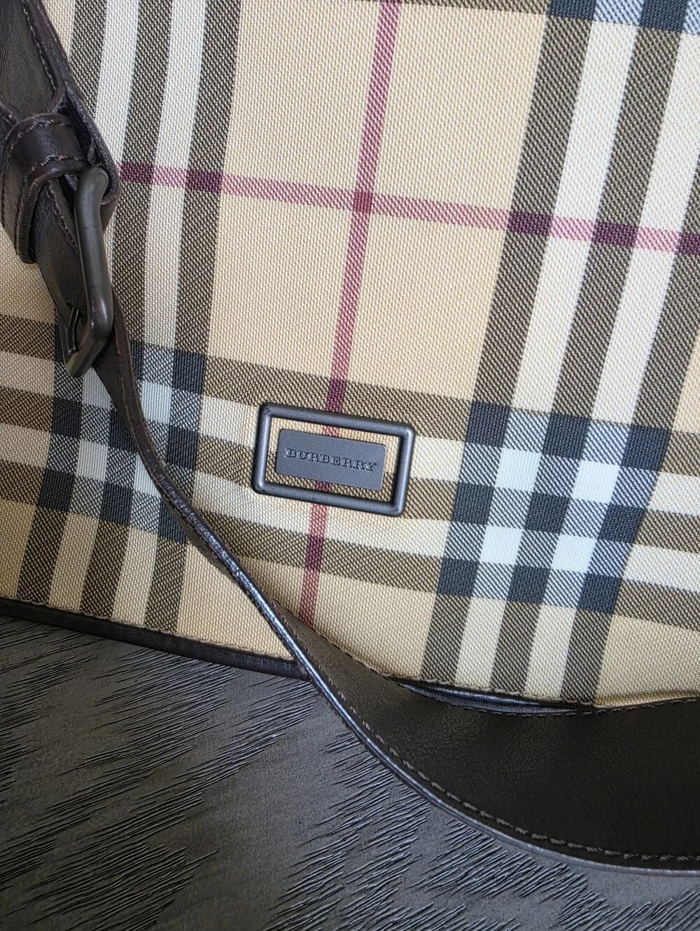 Authentic Burberry Classic Plaid Messenger Bag in Beige with Brown Leather Trim